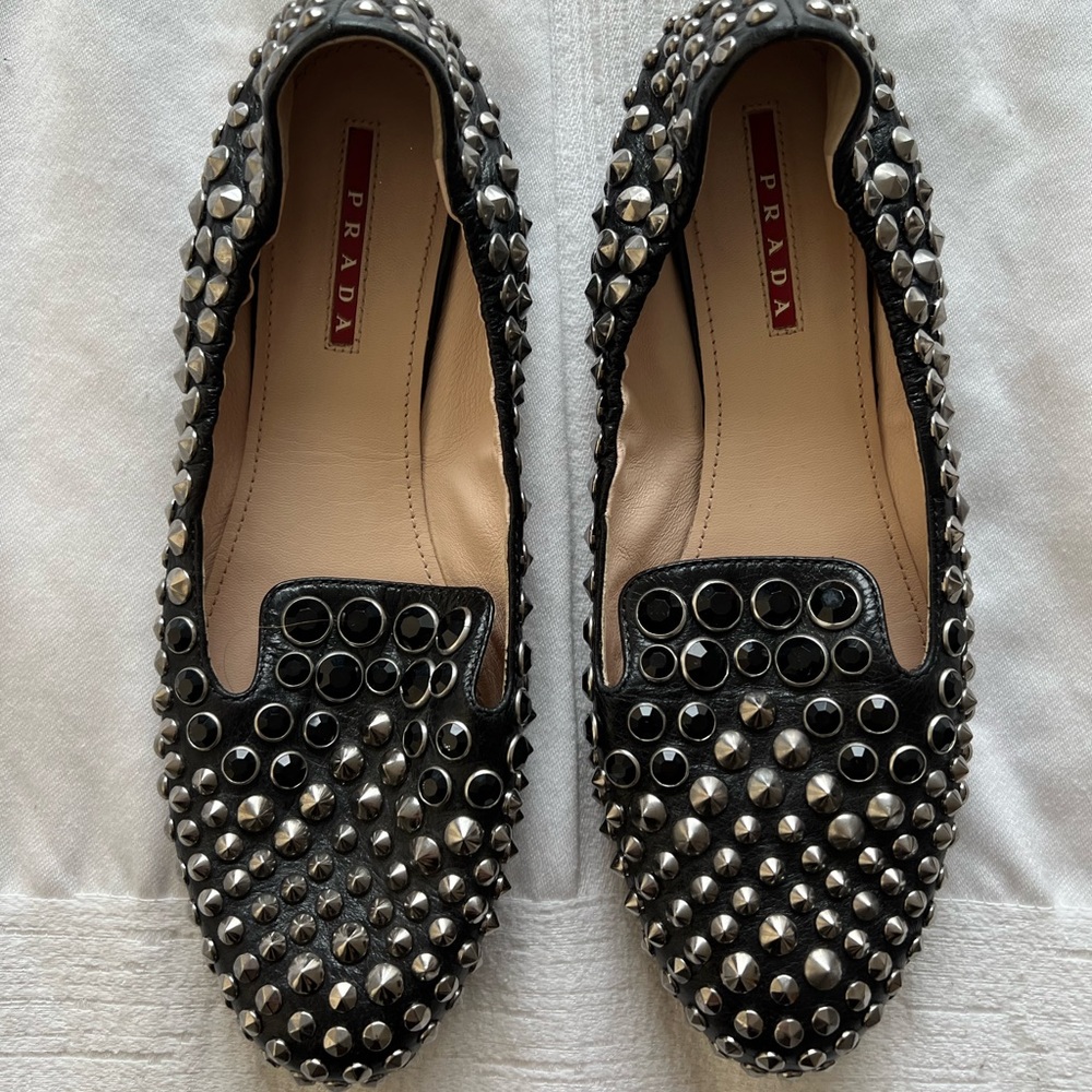 Prada Black Leather Studded Loafers - Pristine condition